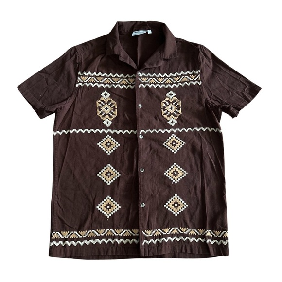 ASOS | Brown Casual Button Down Shirt with Aztec  Embroidery Design - Picture 1 of 9